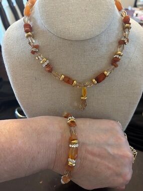 Handcrafted Orange  carnelian, agate & quartz beads Necklace/bracelet set